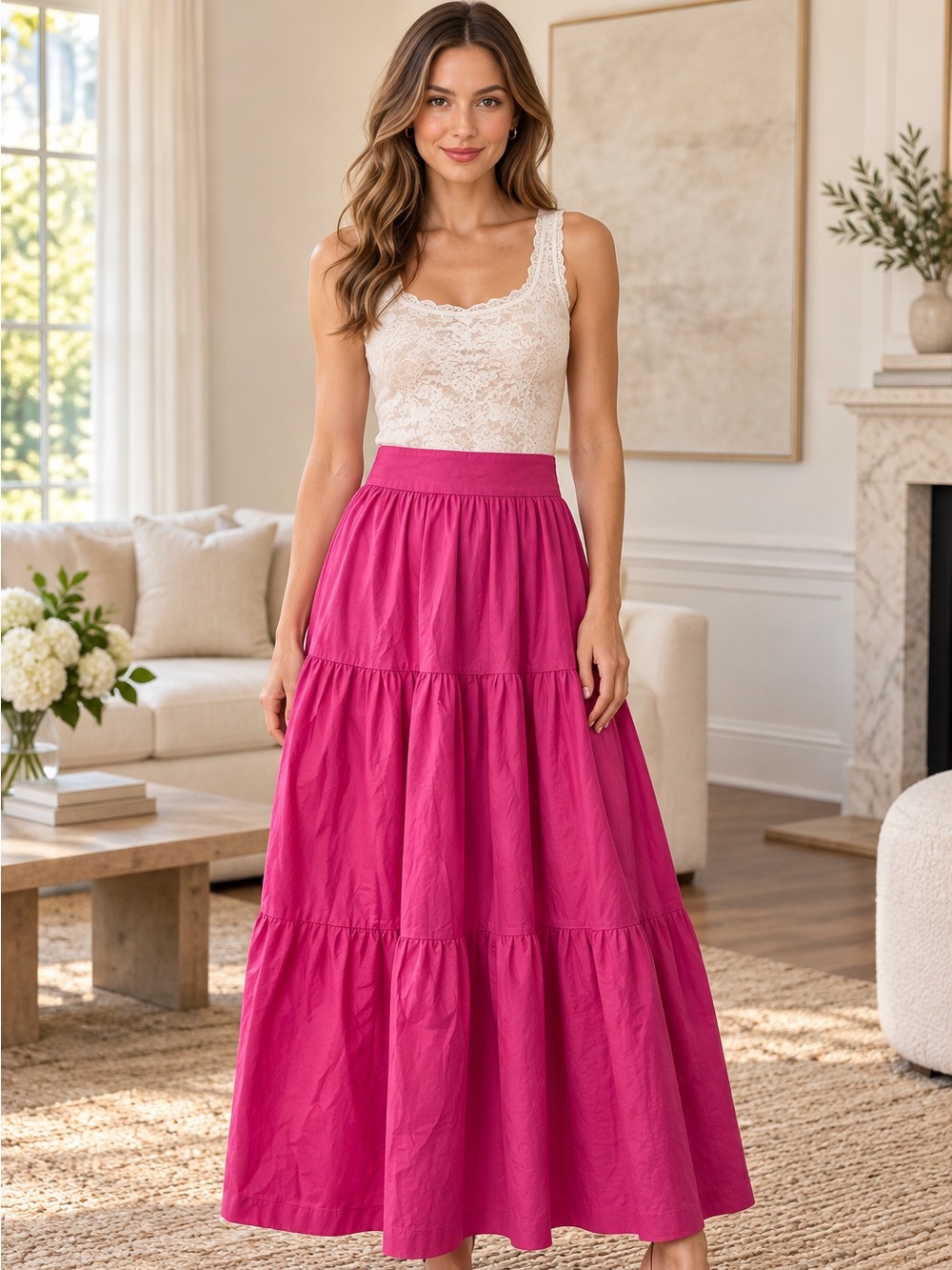 STAUD Pink Tiered Cotton Maxi Skirt Size 0